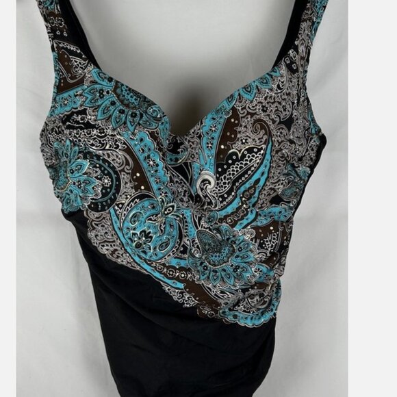 Miraclesuit Turquoise Black Paisley Floral Swimsuit 12 Underwire Tummy Control - Picture 1 of 6